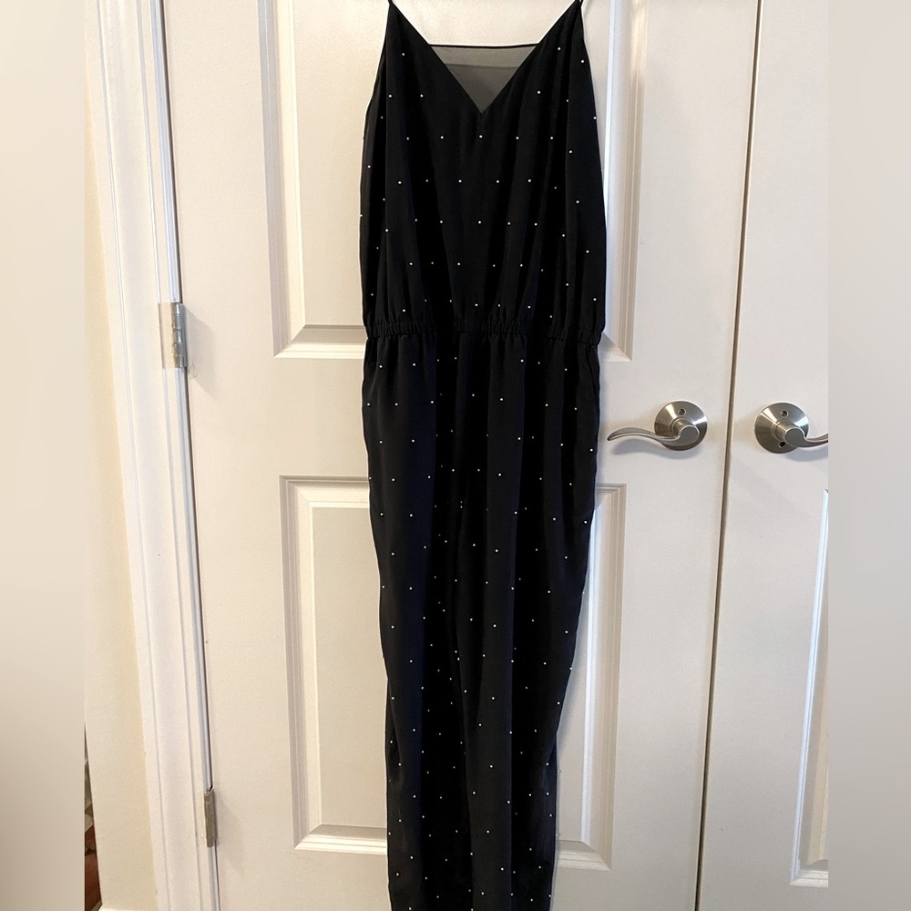 Club Monaco 100% Silk  Jumpsuit Pant suit Black with white pearls